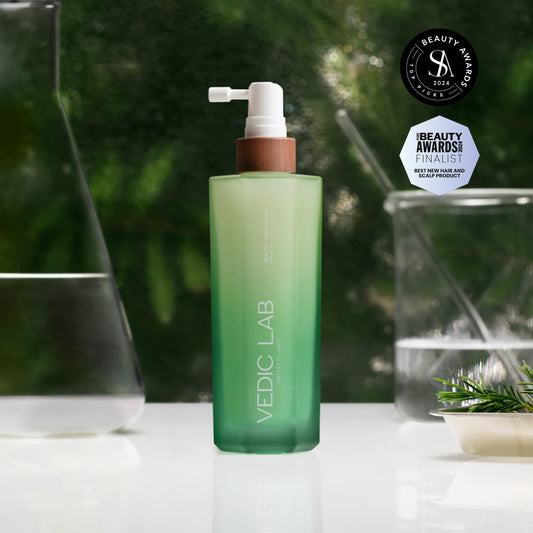 Vedic Lab Sleep Recovery Scalp Elixir in green gradient bottle, displayed with beauty award badges.